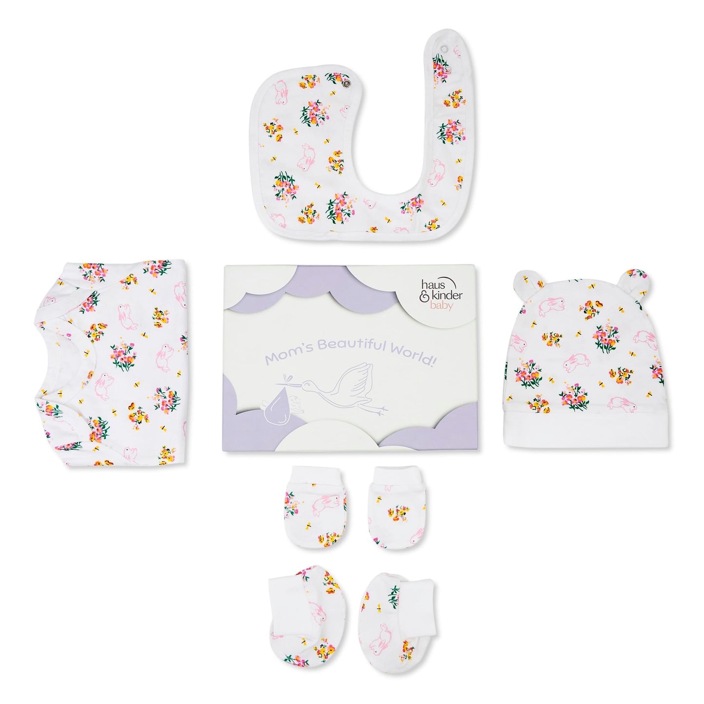 Haus and Kinder Baby Gift Set - Pack of 5 (Bundle With Onesie, Bib, Cap, Mittens & Booties) 2 Variants