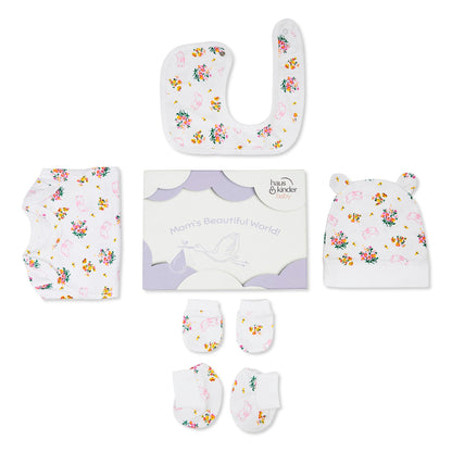 Haus and Kinder Baby Gift Set - Pack of 5 (Bundle With Onesie, Bib, Cap, Mittens & Booties) 2 Variants