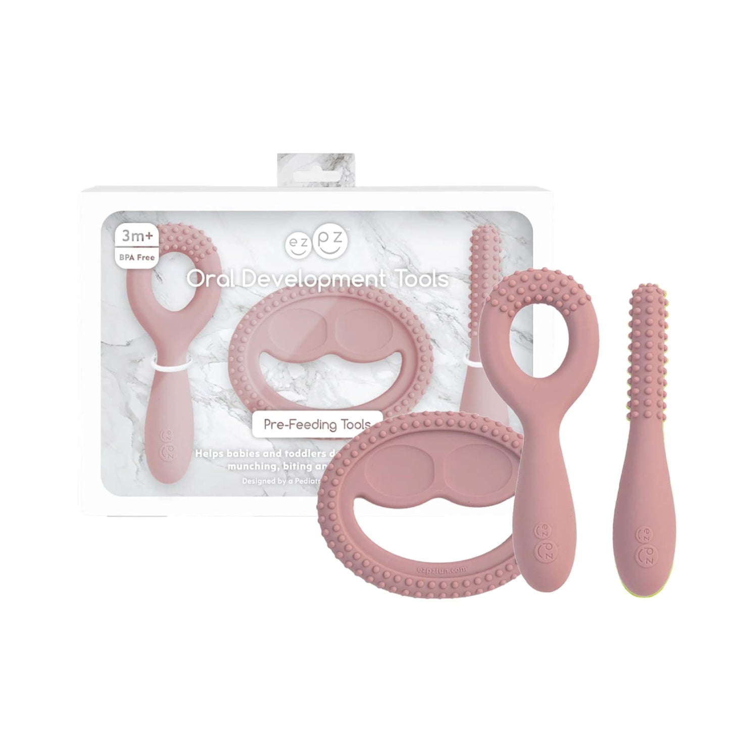 ezpz Oral Development Tools (3 Pack) - Non-Slip Loop, Smile and Stick, 100% Soft Silicone Tools That Encourage Speech Sound, Pre Feeding + Chewing - Sensory Bumps + Tactile Input - 3 Months+ (Pewter)