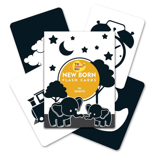 The Curious Bees - High Contrast New Born Anti-Glare Cards | 24 Objects for Visual Stimulation, Cognitive & Sensory Development of 0-6 Month Old Infants