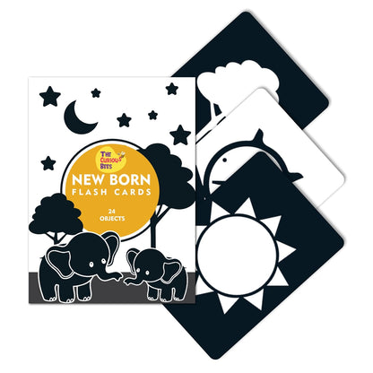 The Curious Bees - High Contrast New Born Anti-Glare Cards | 24 Objects for Visual Stimulation, Cognitive & Sensory Development of 0-6 Month Old Infants