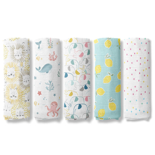 Haus and Kinder 100% Cotton Muslin Swaddles Wrap For Newborn Baby - Soft Swaddle Cloth For New Born, Muslin Baby Swaddle Wrap For New Born, New Born Swaddle, 100X100 Cm, Pack Of 5, Nautical Collection