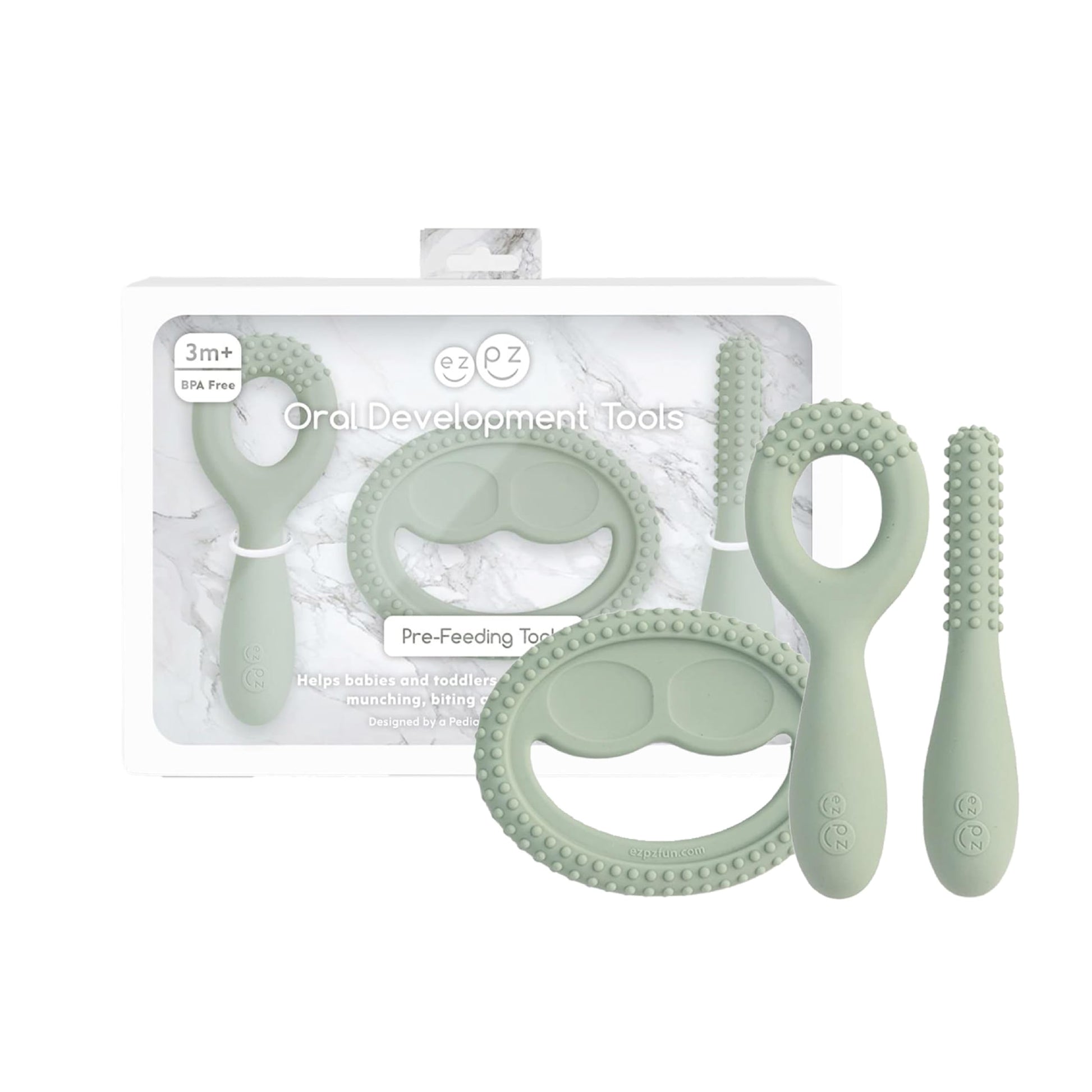 ezpz Oral Development Tools (3 Pack) - Non-Slip Loop, Smile and Stick, 100% Soft Silicone Tools That Encourage Speech Sound, Pre Feeding + Chewing - Sensory Bumps + Tactile Input - 3 Months+ (Pewter)