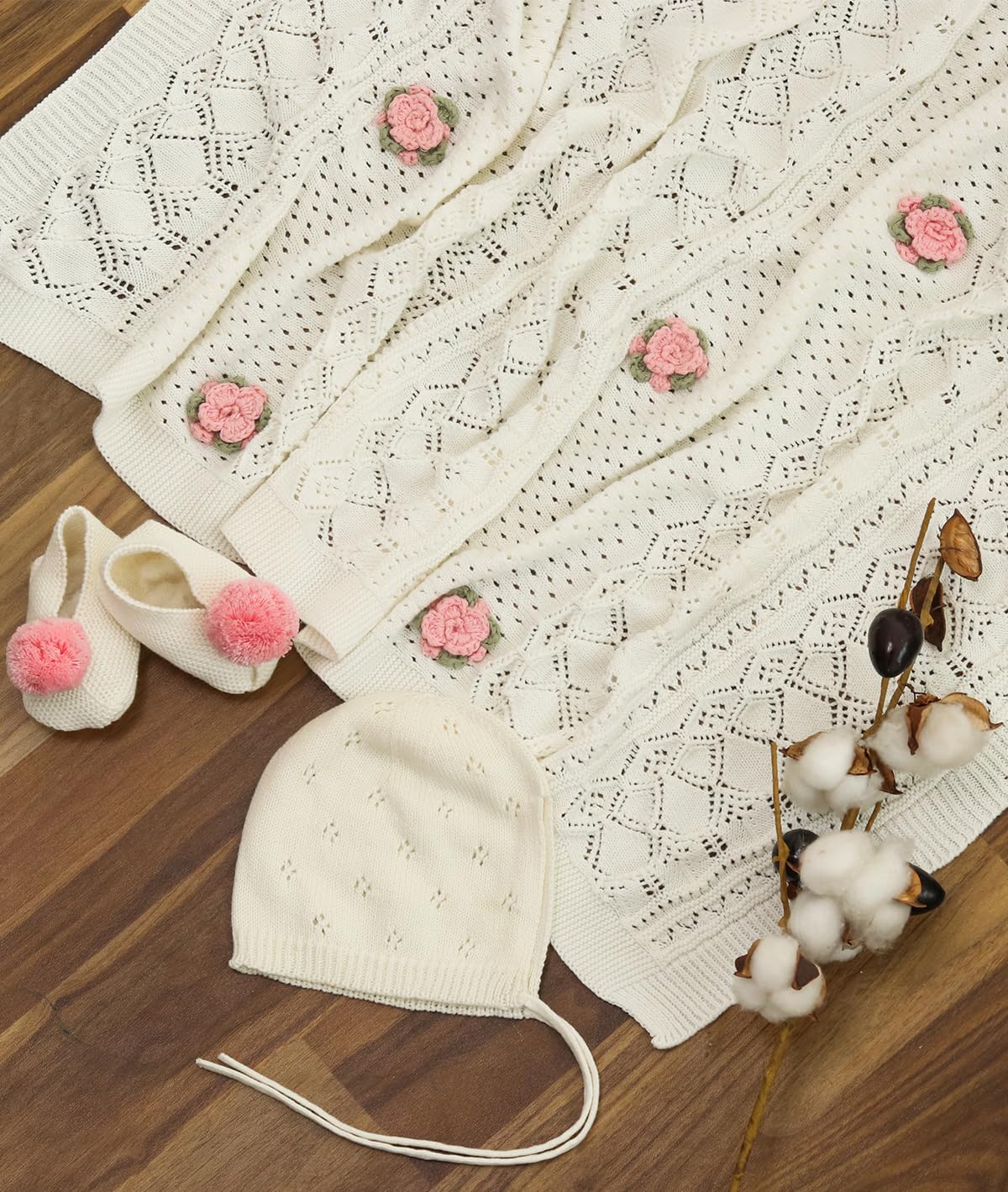 Pluchi Keepsake Baby Gift Set - Crochet Knit Blanket with Hand Crochet Flowers with Booties & Cap in Box Packing