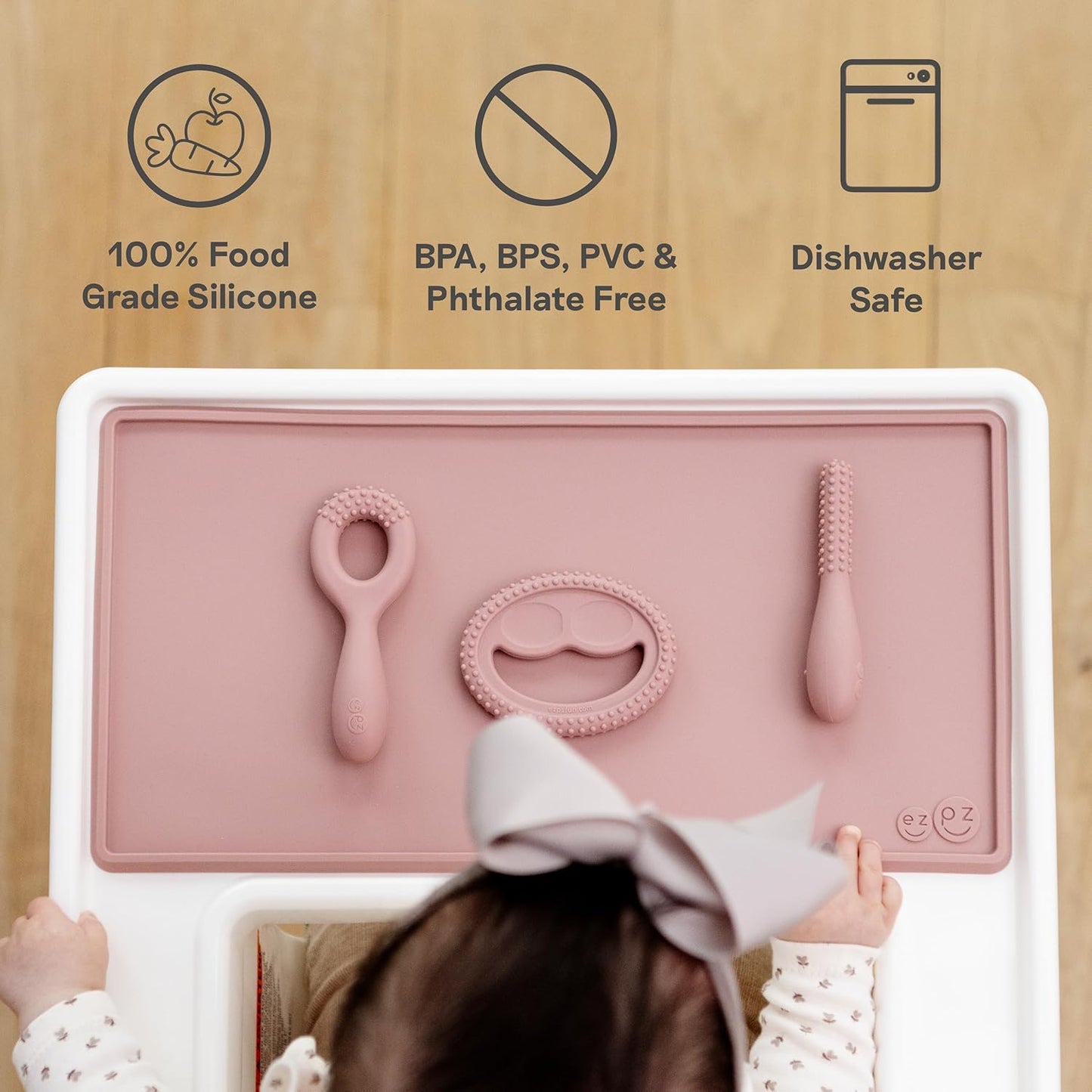 ezpz Oral Development Tools (3 Pack) - Non-Slip Loop, Smile and Stick, 100% Soft Silicone Tools That Encourage Speech Sound, Pre Feeding + Chewing - Sensory Bumps + Tactile Input - 3 Months+ (Pewter)