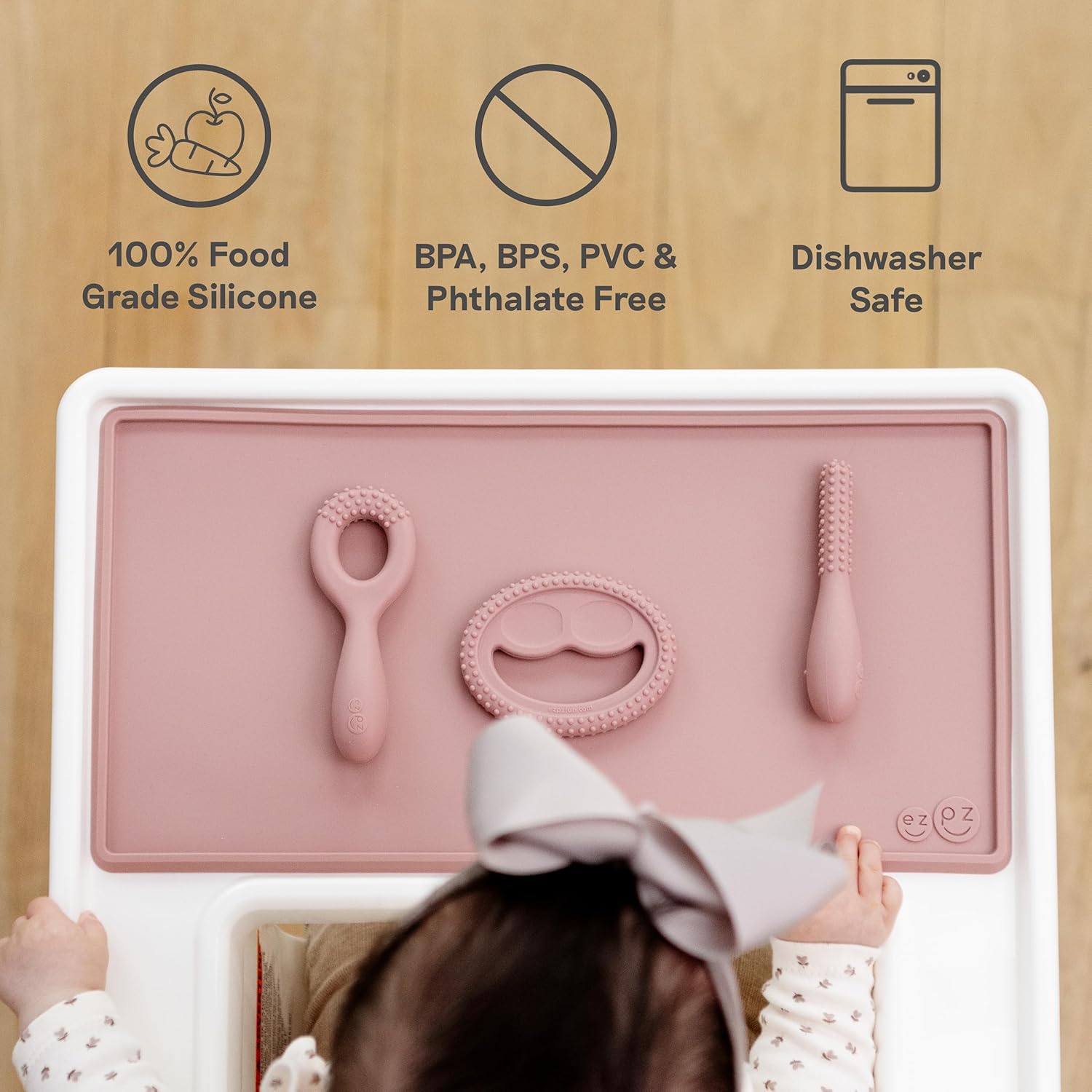 ezpz Oral Development Tools (3 Pack) - Non-Slip Loop, Smile and Stick, 100% Soft Silicone Tools That Encourage Speech Sound, Pre Feeding + Chewing - Sensory Bumps + Tactile Input - 3 Months+ (Pewter)