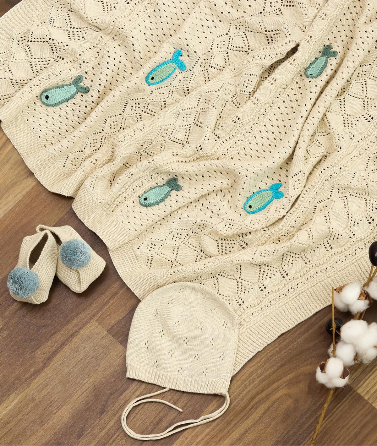 Pluchi Keepsake Baby Gift Set - Crochet Knit Blanket With Hand Crochet Fish With Booties & Cap In Box Packing