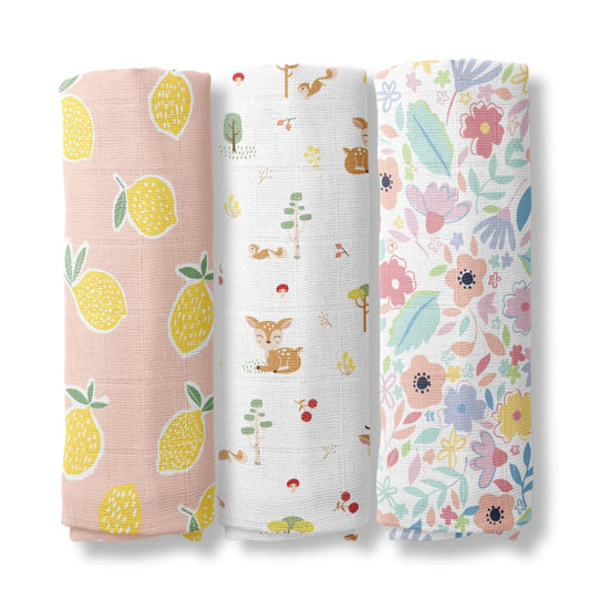 Haus & Kinder Muslin Swaddles For Newborn Pack Of 3 | 100% Cotton Baby Swaddle Blankets | Soft, Breathable, Lightweight, Organic | 100X100 Cm Citrus Groove Collection (Multicolor)