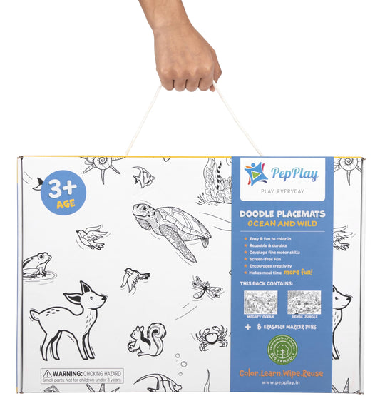 PepPlay Doodle Placemats- 5 Variants to Choose From (Ocean & Wild, Find & Colour, Prehistoric, Educational, and Vehicles) - Aaram Parents