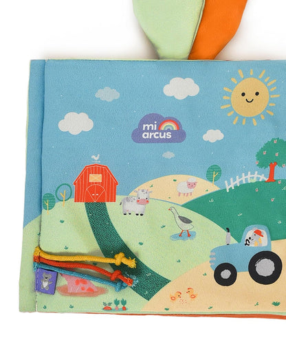 Mi Arcus Farm Animals Newborn Activity Soft Book with 3D Elements, Noisy Paper Effect,Early Development Travel Toys, Woven Activity Book/Travel Toy