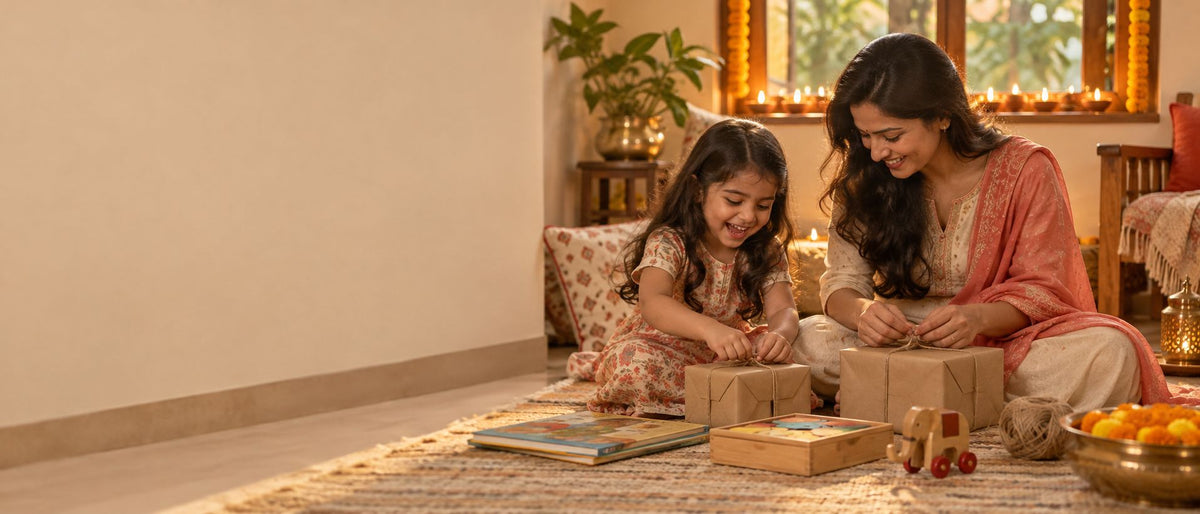 A mother and daughter wrapping gifts in kraft paper on a rug, with lit diyas and marigolds behind them