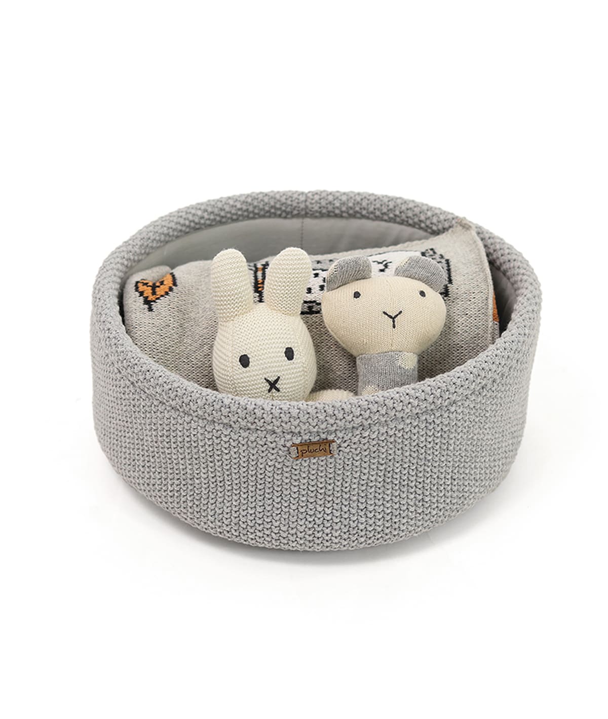 Pluchi Bunny Gift Basket (Set of 4 pcs - Storage Basket, Knitted Baby Blanket, Soft Toy, and Rattle)