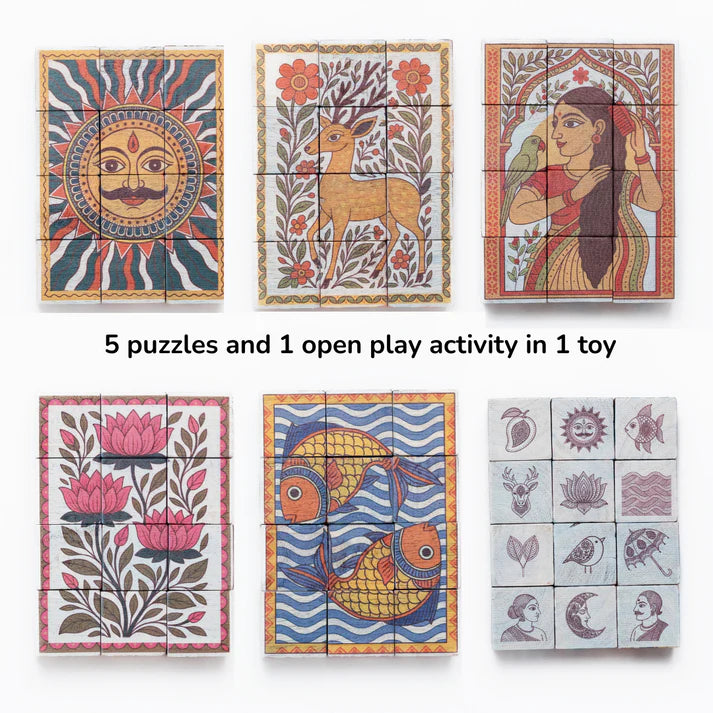 Gubbachhi- MADHUBANI Wooden 5-in-1 Puzzle Set (12 Blocks)