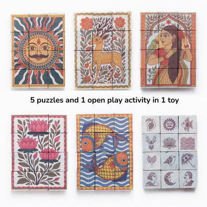 Gubbachhi- MADHUBANI Wooden 5-in-1 Puzzle Set (12 Blocks)